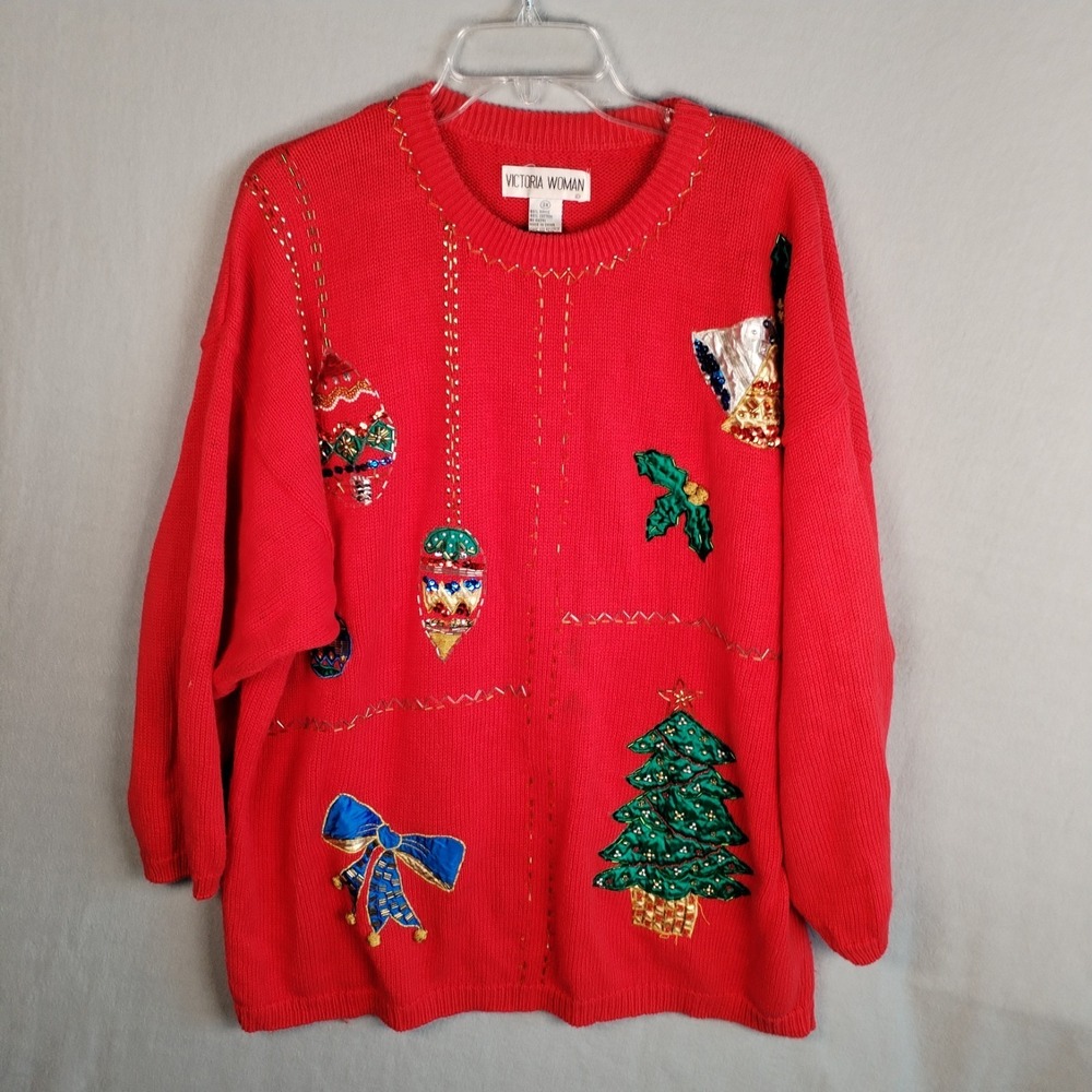 VTG Victoria Woman Red Christmas Sweater 3X Plus Beaded Sequin Tree Ugly Party‎